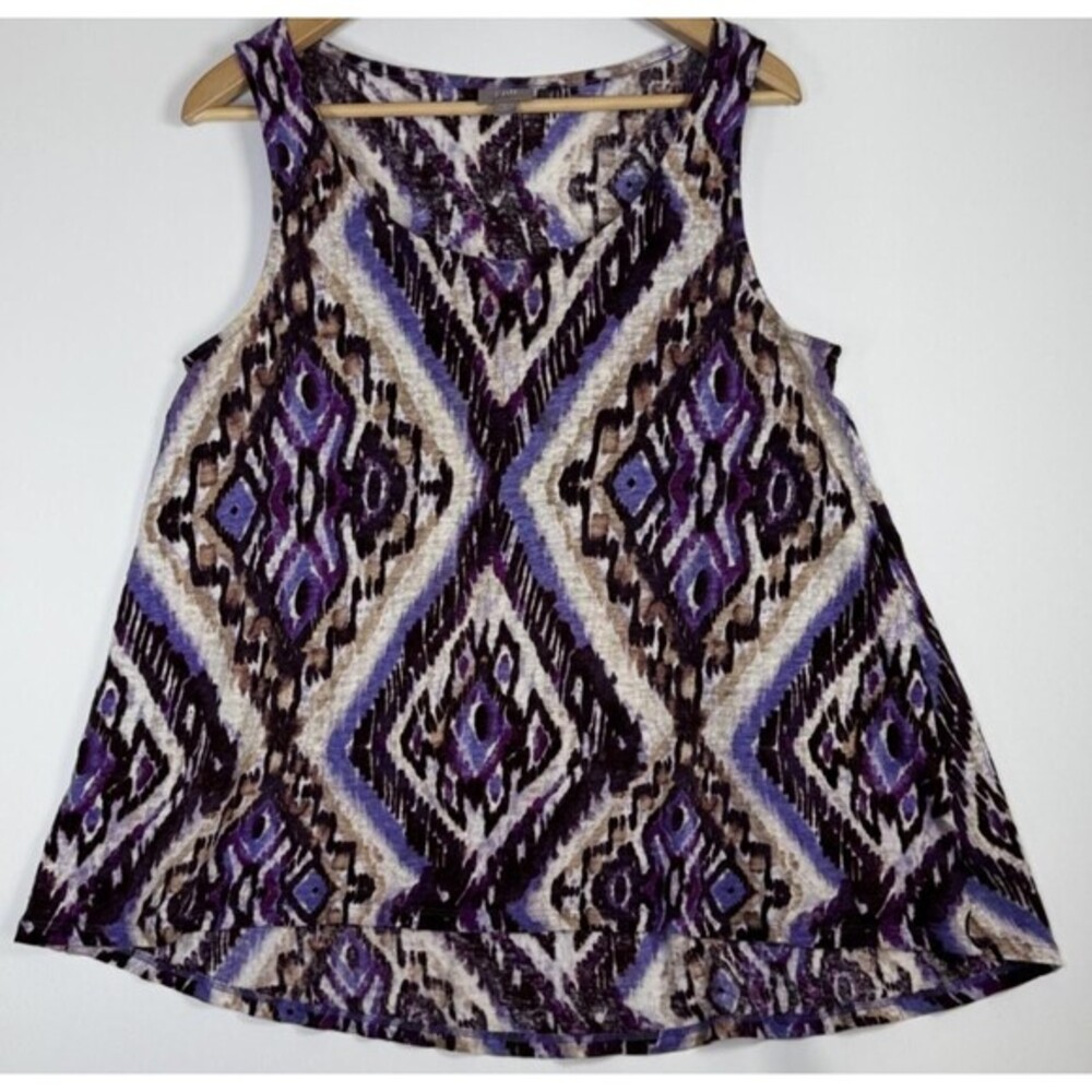 J Jill Tank Top Womensβ Large Purple Beige Ikat Print Linen Sleeveless Stretch